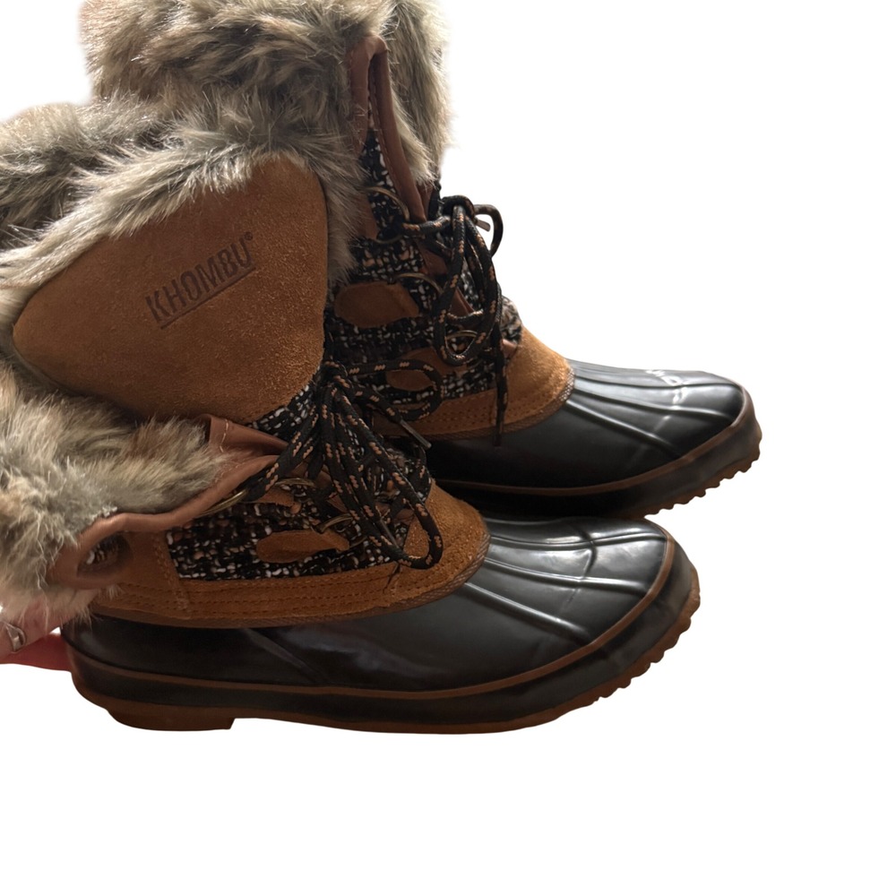 Khombu Women's Faux Fur Lined Leather Lace Up Duck Boots Tan Brown Black Size‎ 8